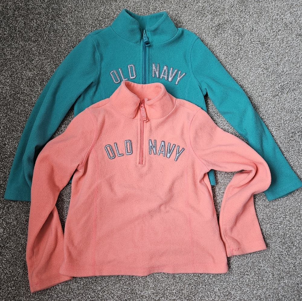 Two Old Navy Quarter-Zip Fleece Size Small 6/7 Bright Coral And Emerald